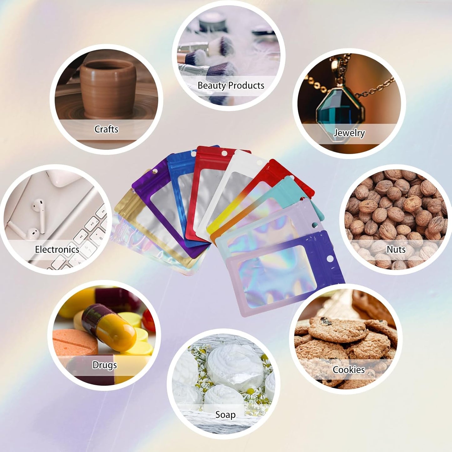 400 Pack 4 Sizes Resealable Mylar Holographic Bags Food Storage Smell Proof Bags with Front Window, Zipper Foil Packaging Pouch for Sample Jewelry Small Business (Gold,3x4.7,3.1x5.5,4x 6,4.7x 7.9in)