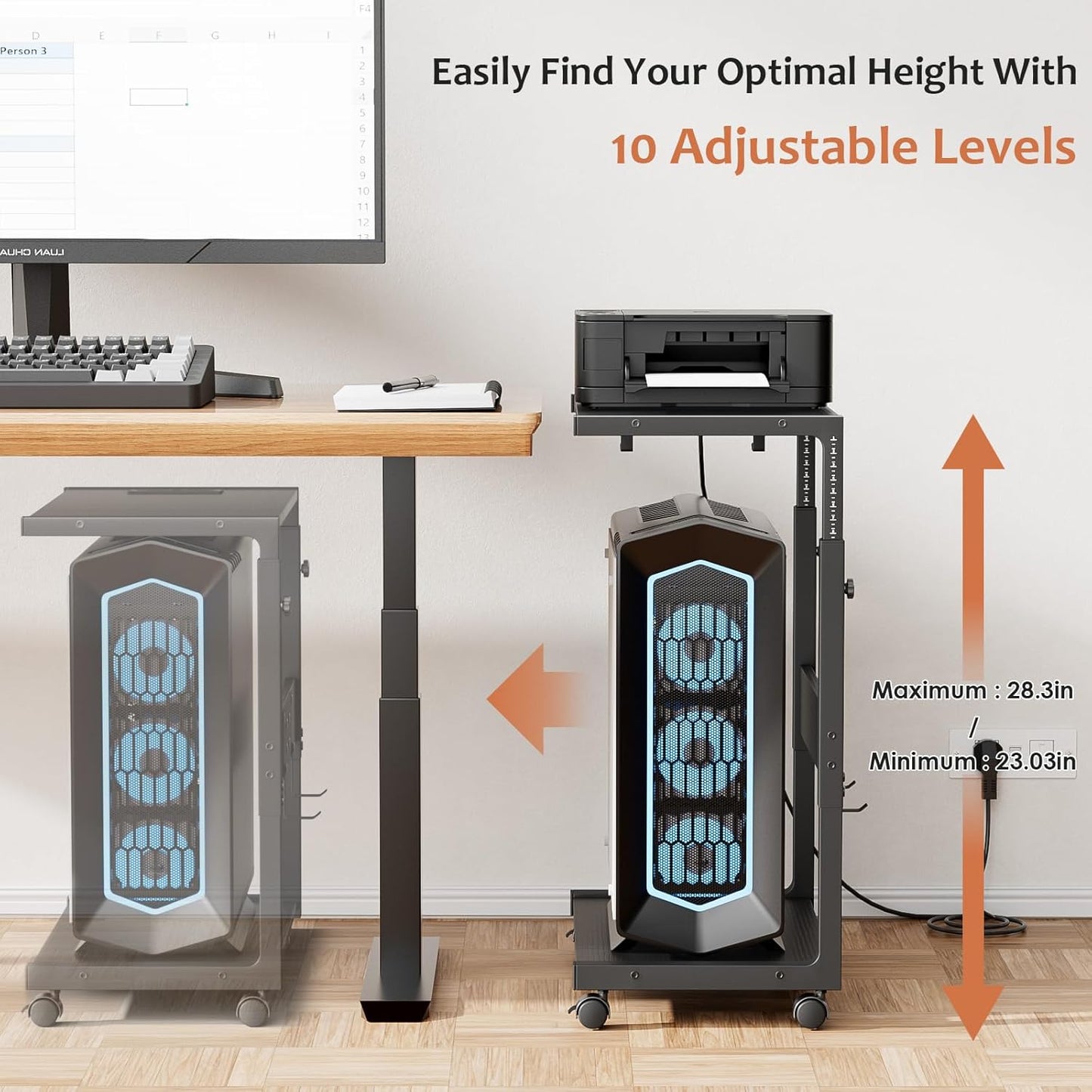 JANE EYRE Computer Tower Stand - Adjustable PC Tower Stand CPU Holder Cart with Charging Station for Office Home Classroom,23.03"-28.3" H, black