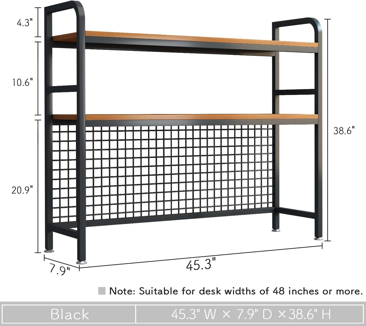 IOTXY 2-Tier Desktop Hutch Bookshelf - Metal Desk Shelf Bookcase with Grid Panel, Countertop Storage Organizer Rack for Dorm or Office, Black, 45.3" W
