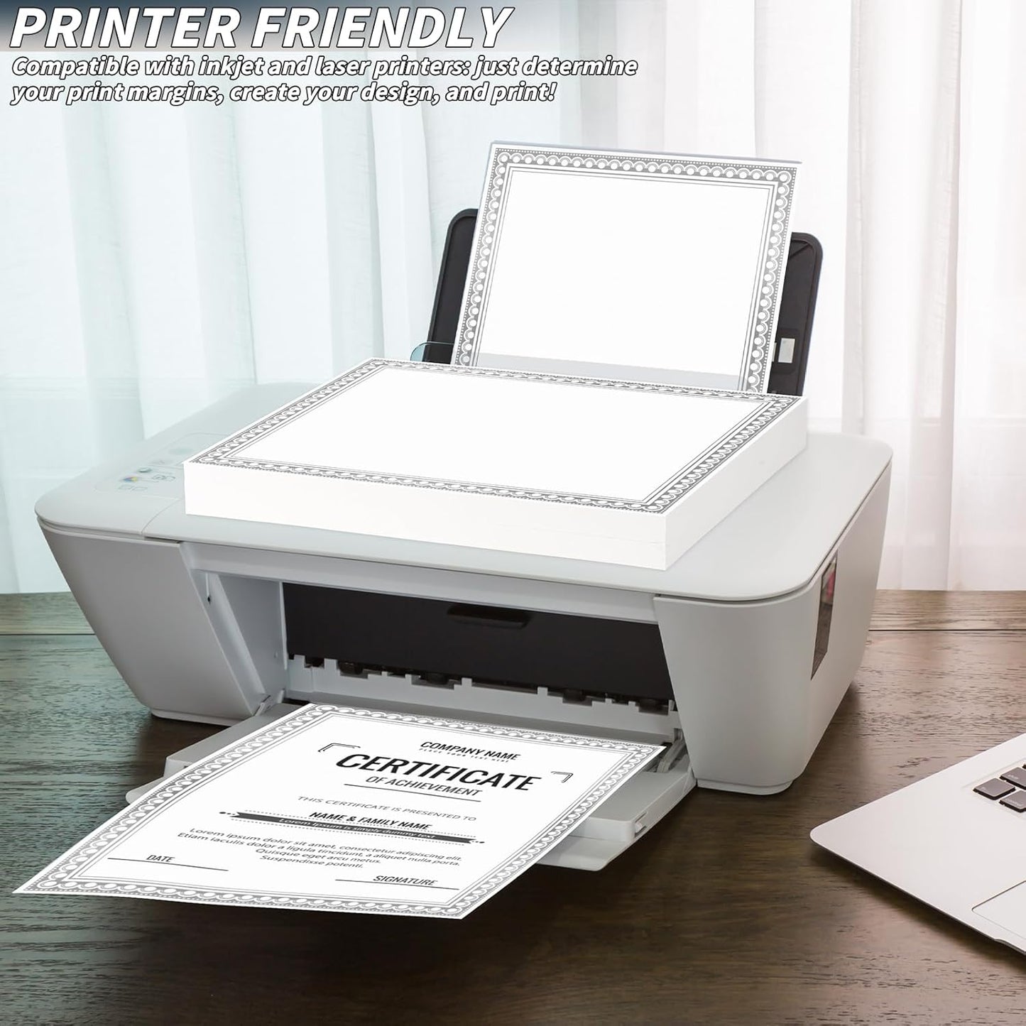 200 Sheet Silver Foil Award Certificate Paper Bulk 8.5 x 11 in for Printing Customizable Blank Cardstock Silver Border Certificate Laser and Inkjet Printer Friendly for Graduation Diploma Achievement