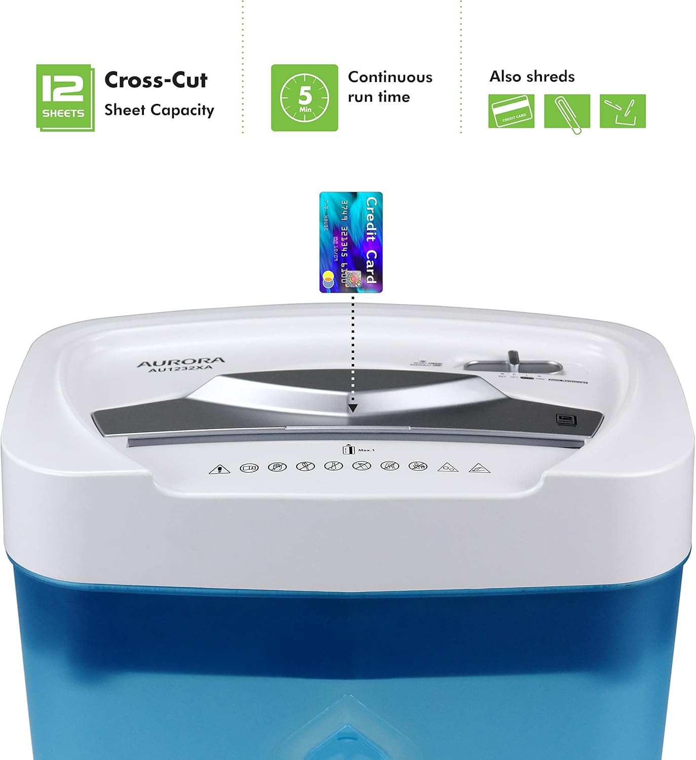 Aurora AU1232XA Anti-Jam 12-Sheet Crosscut Paper/Credit Card Shredder with 5.2-Gallon Wastebasket (White/Semi Translucent Blue)