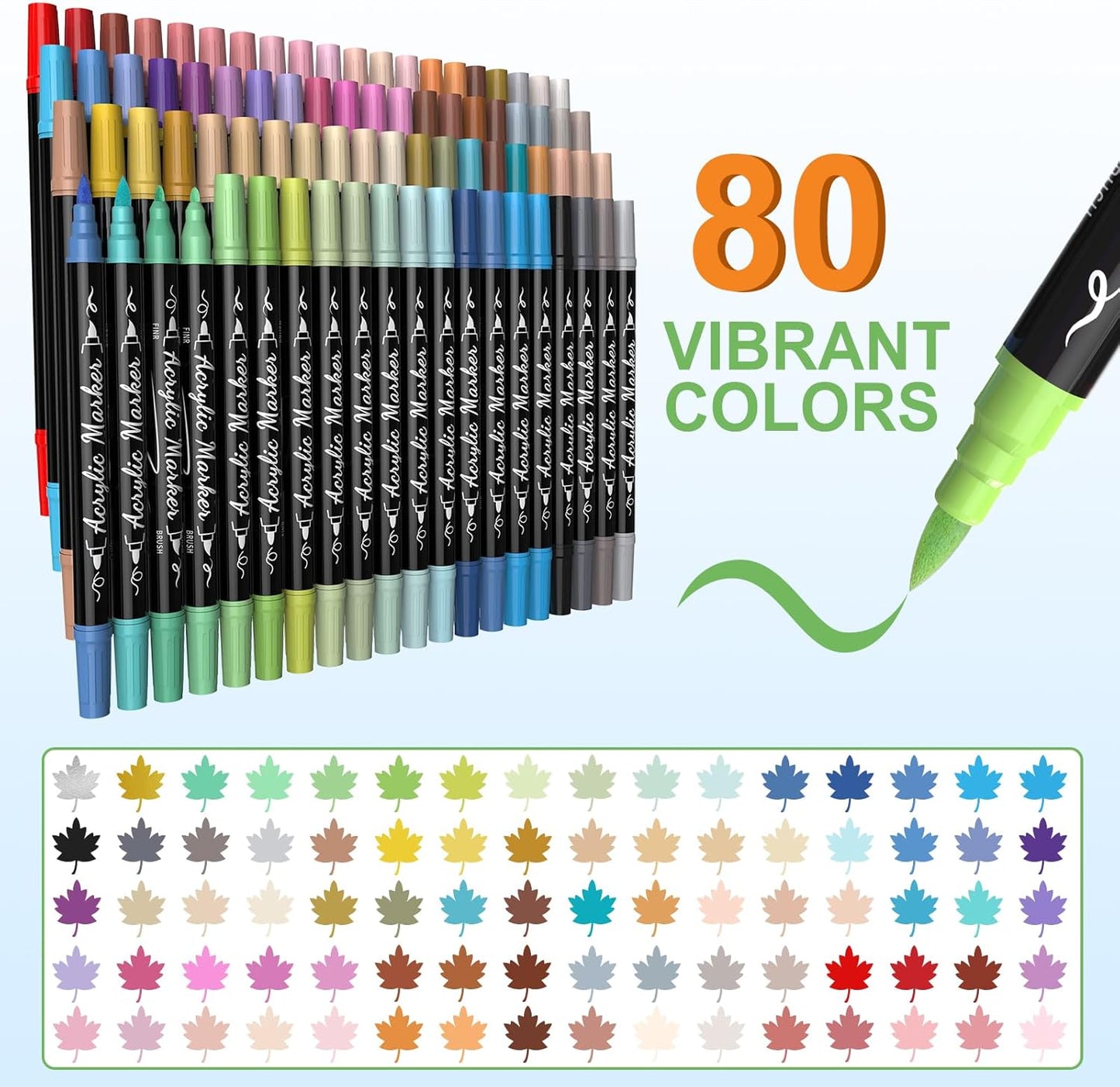 80 Colors Acrylic Paint Markers, Waterproof Dual Tip Acrylic Paint Pens with Brush and Fine Tip, Markers Set for Paper, Rock, Wood, Canvas, Glass, Ceramic and DIY Crafts Making Art Supplies
