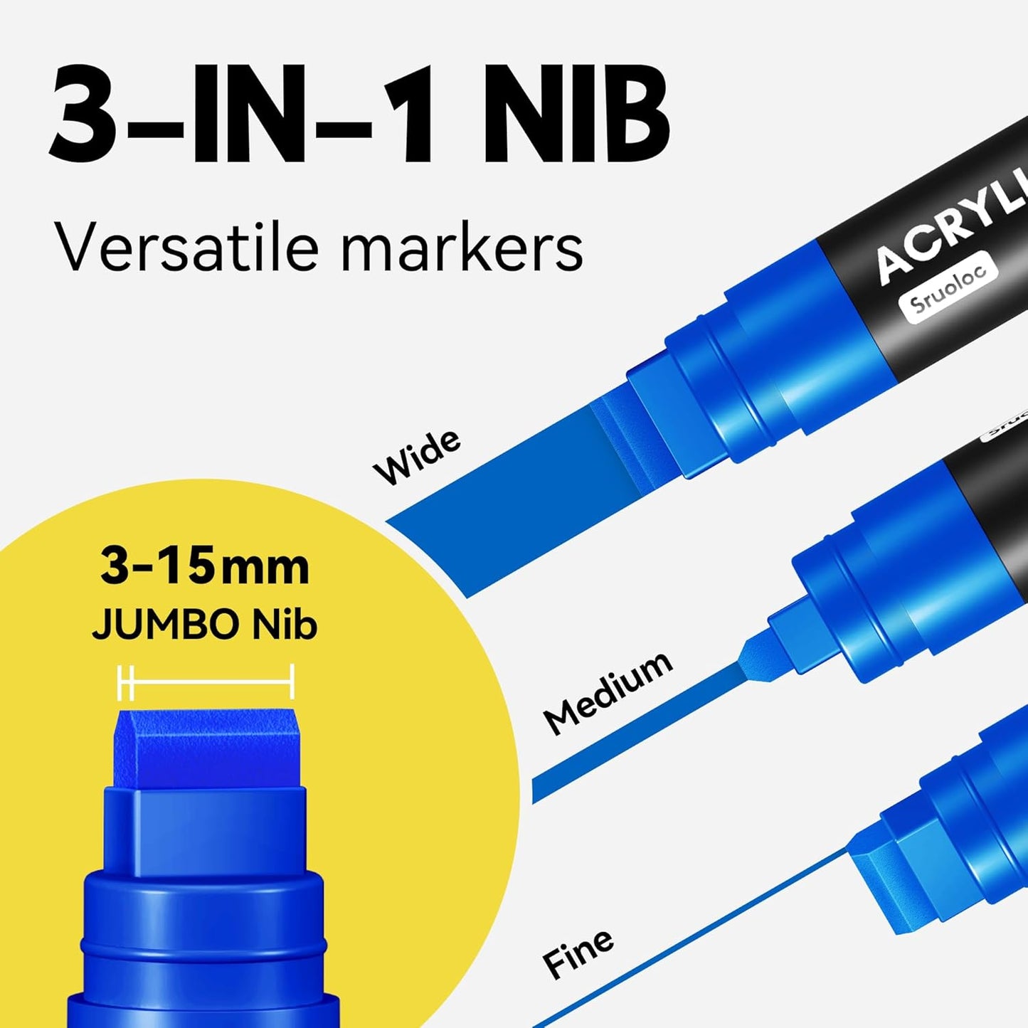 3 Jumbo Permanent Markers Blue, 15mm Thick Wide Tip, Large Acrylic Paint Markers for Rock Painting, Poster, Graffiti, Stone, Ceramic, Glass, Wood, Canvas