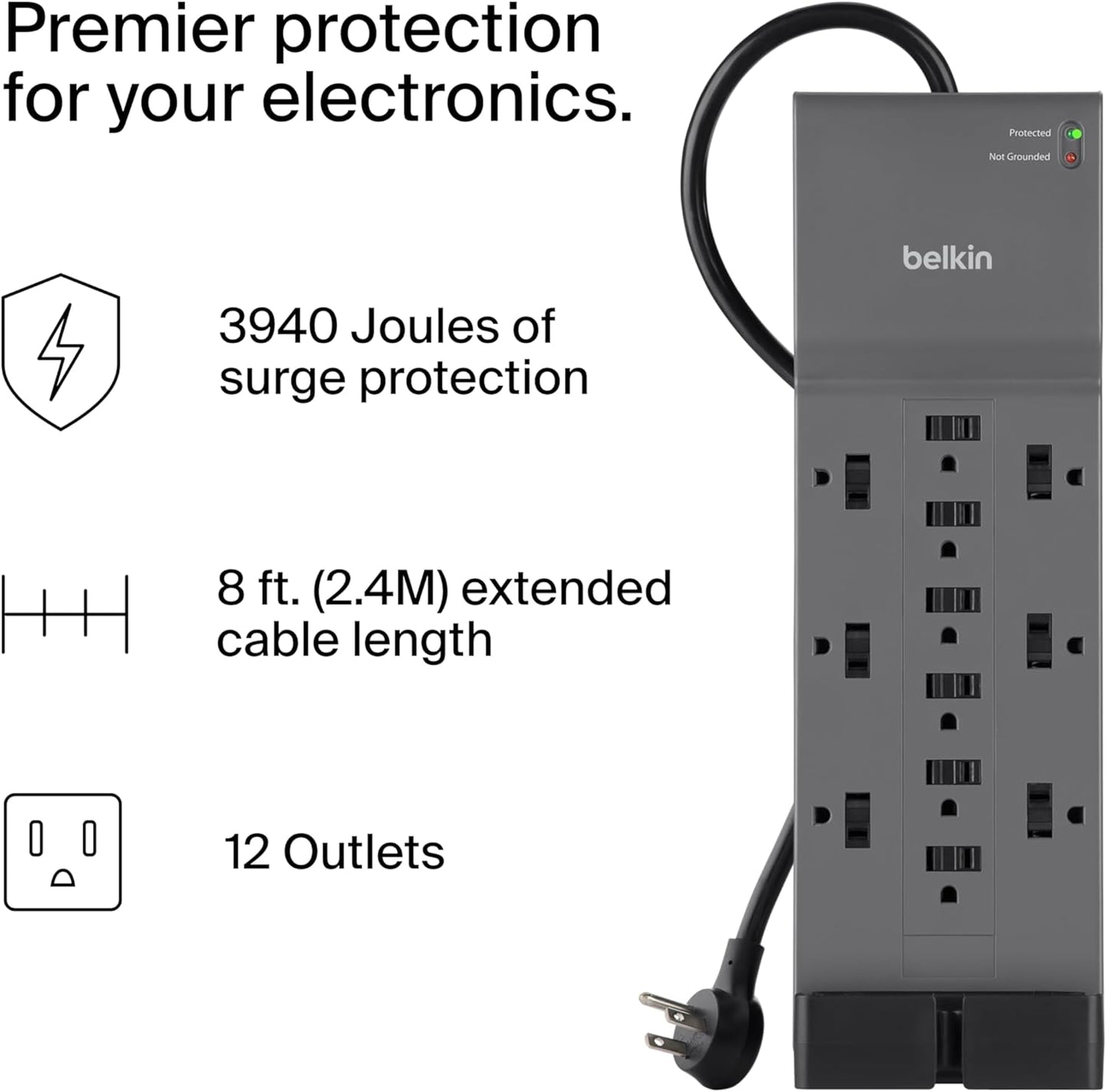 Belkin 12-Outlet Surge Protector Power Strip w/ 12 AC Outlets & 8ft Flat Plug, UL-Listed Heavy-Duty Extension Cord for Home, Office, Travel, Computer, Laptop, Charger - 3,940 Joules, Pack of 3