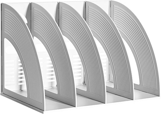 SAYEEC File Holder Storage Folder 4 Compartment Standing Desktop Hollow Organizer Files Shelf Plastic Notebook Magazine for Office School Home Supplier Students (Random Light Gray OR Blue)