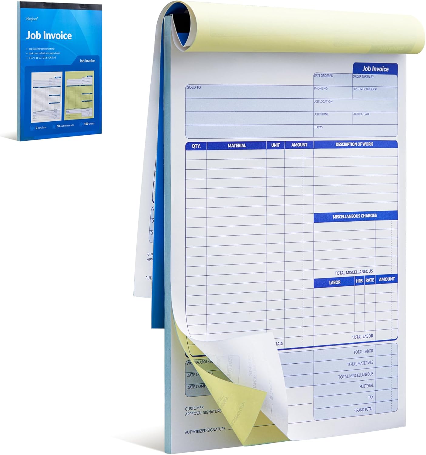 Job Work Order Forms, Large Size Contractor Invoice Book 8-1/2" x 11-7/16", Invoice Receipt Book for Small Business, 2-Part Carbonless Forms, 50 Sets