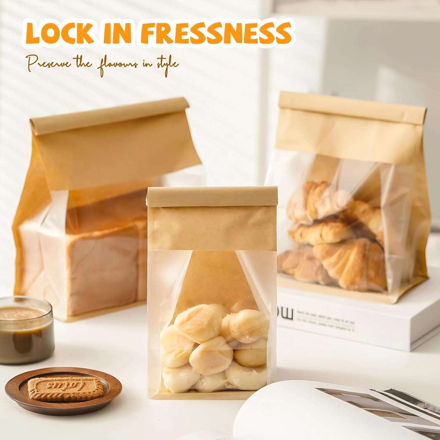 50 Pack Bread Bags for Homemade Sourdough Bread, 8.7x4.3x11 Inches Tin Tie Tab Lock Large Bakery Bag with Window Kraft Paper Loaf Packaging Bags for Gifting & Bake Sale