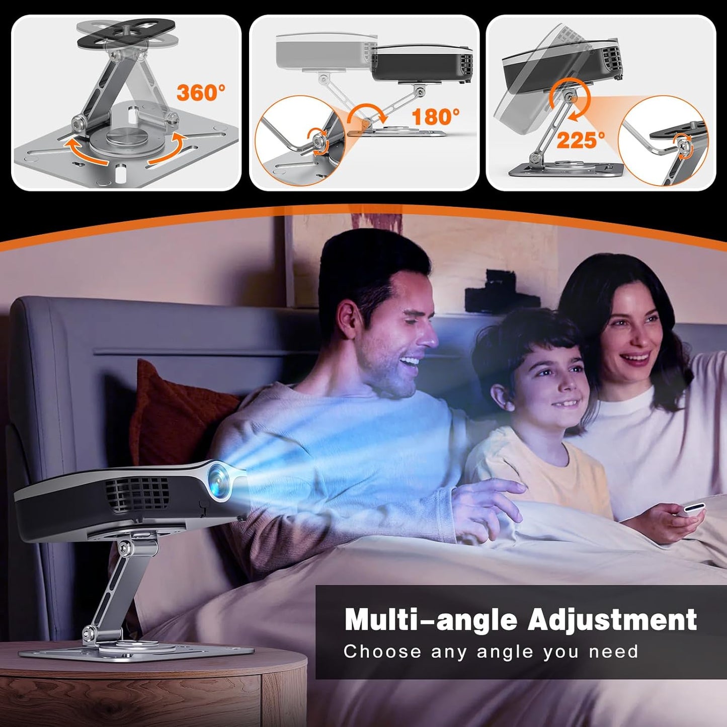 3-in-1 Projector Stand – Desk, Wall and Ceiling Mount with 1/4-Inch Thread, Foldable, Easy Setup, Height Adjustable and 360-degree Rotation Compatible with Most Projectors for Home, Office