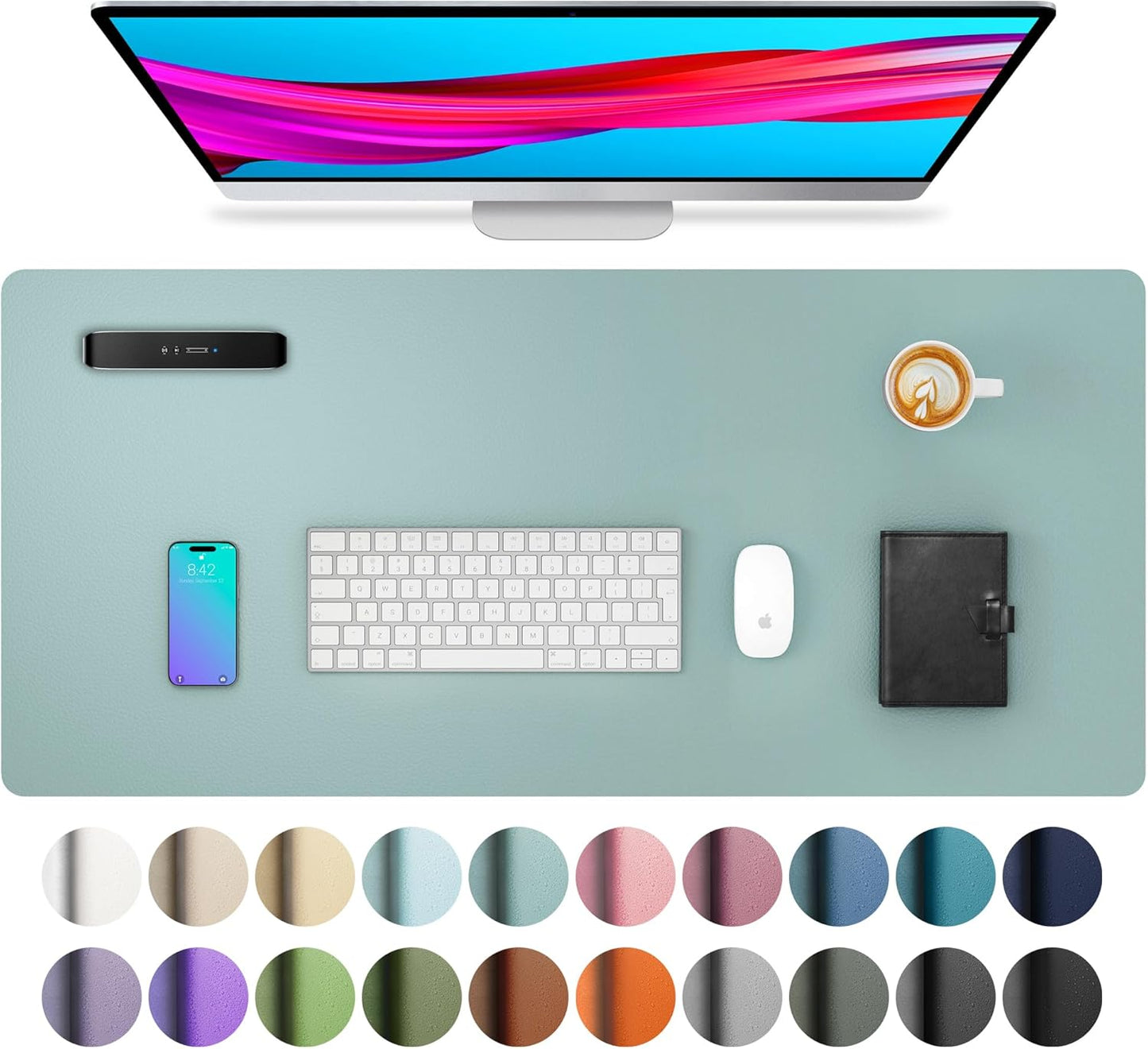 Aothia Leather Desk Pad Protector, Mouse Pad, Office Desk Mat, Non-Slip PU Leather Desk Blotter, Laptop Desk Pad, Waterproof Desk Writing Pad for Office and Home (Light Blue,31.5" x 15.7")