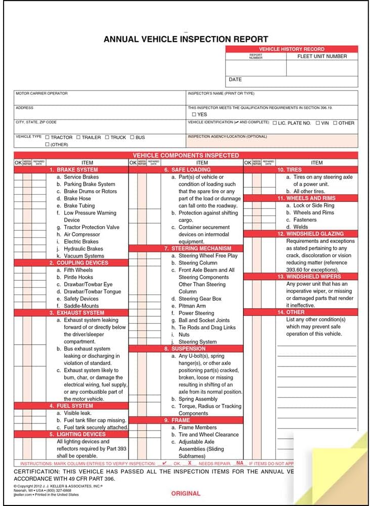 J. J. Keller 100-Pack, Annual Vehicle Inspection Report Forms, 3-Ply Carbonless Form, DOT Compliant