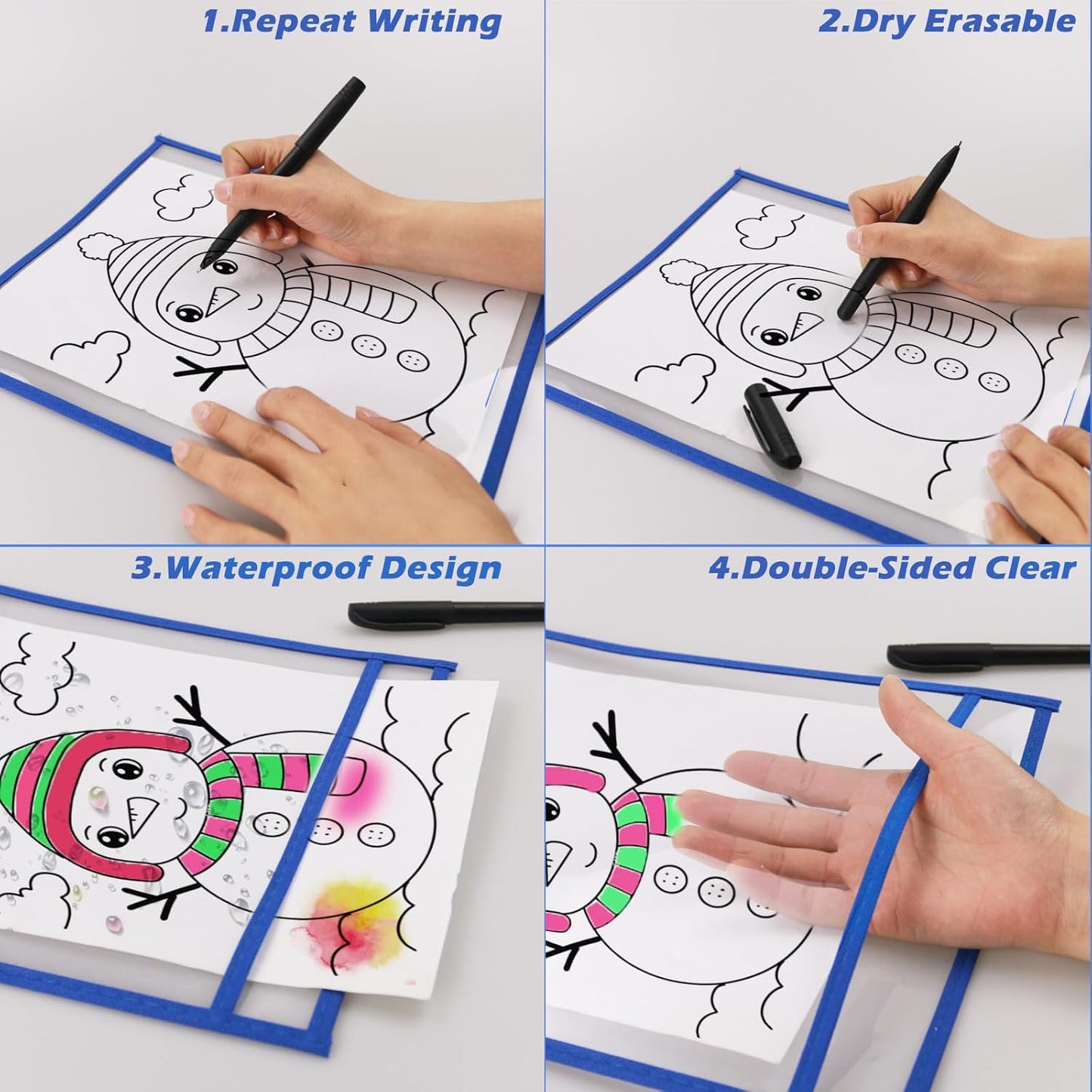 100 Pack Dry-Erase Pockets Sleeves Bulk Job Ticket Holders Oversized Reusable10x14 Blue Plastic Sheet Page Protectors, Heavy Duty Clear Work Pockets, Teacher School Classroom Supplies