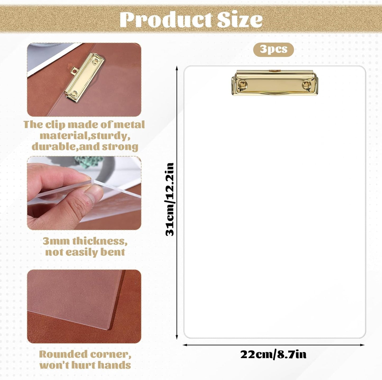3 Pcs Thick Clipboards Clear Clipboard Acrylic Clipboard with Gold Clip Stylish A4 Size Clipboards for Office, School, and Home Use