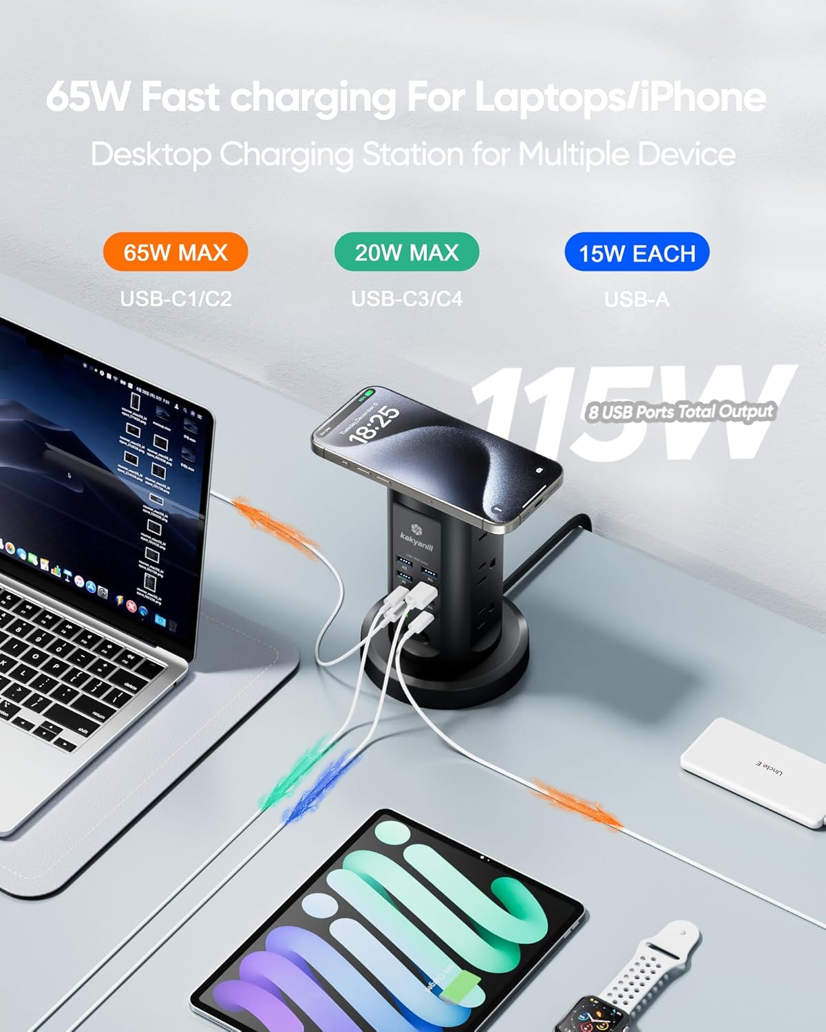 115W USB Charging Station, Surge Protector Power Strip Tower, 9 AC Outlets with 8 USB Ports(4 USB-C), 6Ft Flat Plug Retractable Extension Cord, for Home Office Dorm, Black