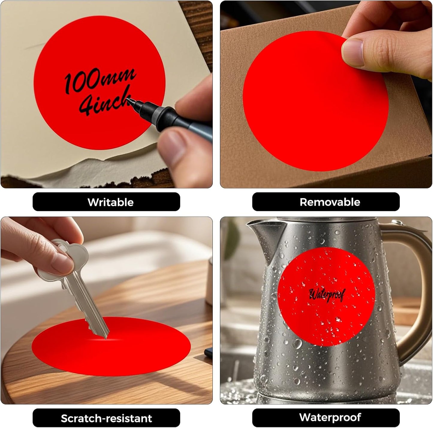 300 PCS Round Stickers 4 Inch Red Vinyl Circle Floor Dots Sticker Removable Self-Adhesive Colored Large Label Roll for Marking Inventory Organizing Classroom Line Up Spots