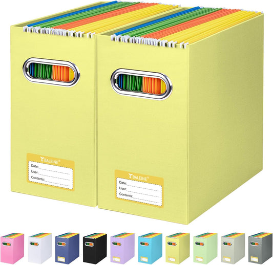 BALEINE File Organizer Box, Cardboard File Folder Organizer with Handle for Letter Size, Portable Collapsible Hanging Filing Box for Home Office Document Storage (2 Pack, Yellow)