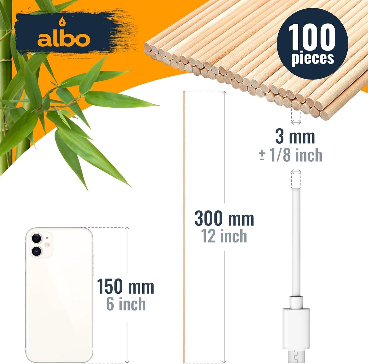 ALBO Wooden Dowel Rods 100 PCS 1/8" x 12" Inch Round Wood Sticks for Crafts, DIY Projects and Macrame Hardwood Assorted Bouquet Sticks Cake Dowels for Tiered Cakes