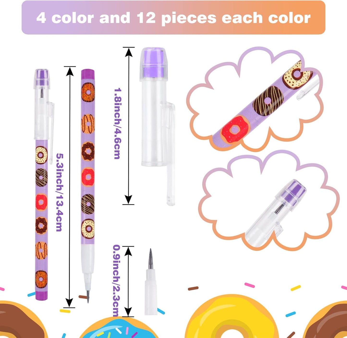 Kolewo4ever 48pcs HB Donuts Themed Translucent Pencil Fun Multipoint Pencil Multicolor Non Sharpening Stackable Pencils Pop Up Plastic Pencils for Classroom Rewards Carnival Prizes