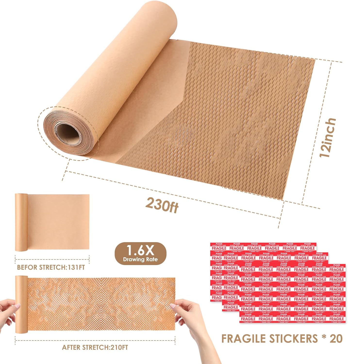 Honeycomb Packing Paper 12"Wx230'L-Bubble Wrap Substitute Alternative for Shipping, Moving Supplies, Small Business Packaging, Packing Boxes & Gifts Wrapping Paper with 20 Fragile Stickers