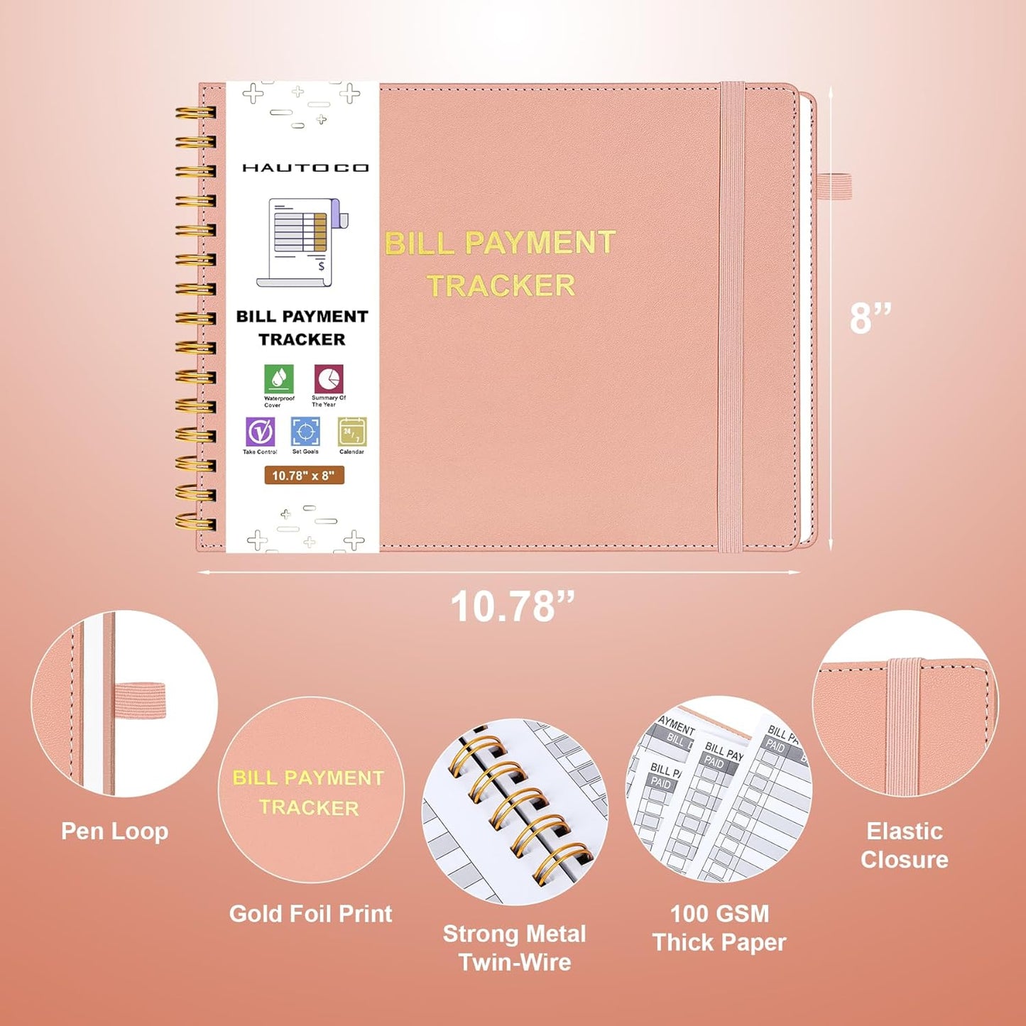 HAUTOCO Hardcover Bill Tracker Notebook Horizontal Monthly Bill Payment Organizer for Personal Budgeting Home Finance with 2 Storage Pocket Expense Checklist Tracking Planner 10.78 x 8'', Pink
