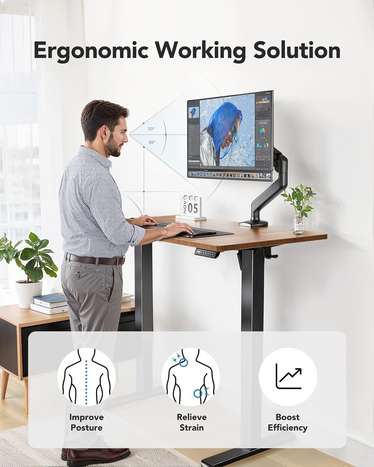 HUANUO 48 x 24 inch Electric Standing Desk, Height Adjustable Table with Headphone Hooks & Cable Manager, Sit to Stand up Desk for Home Office, Vintage Brown