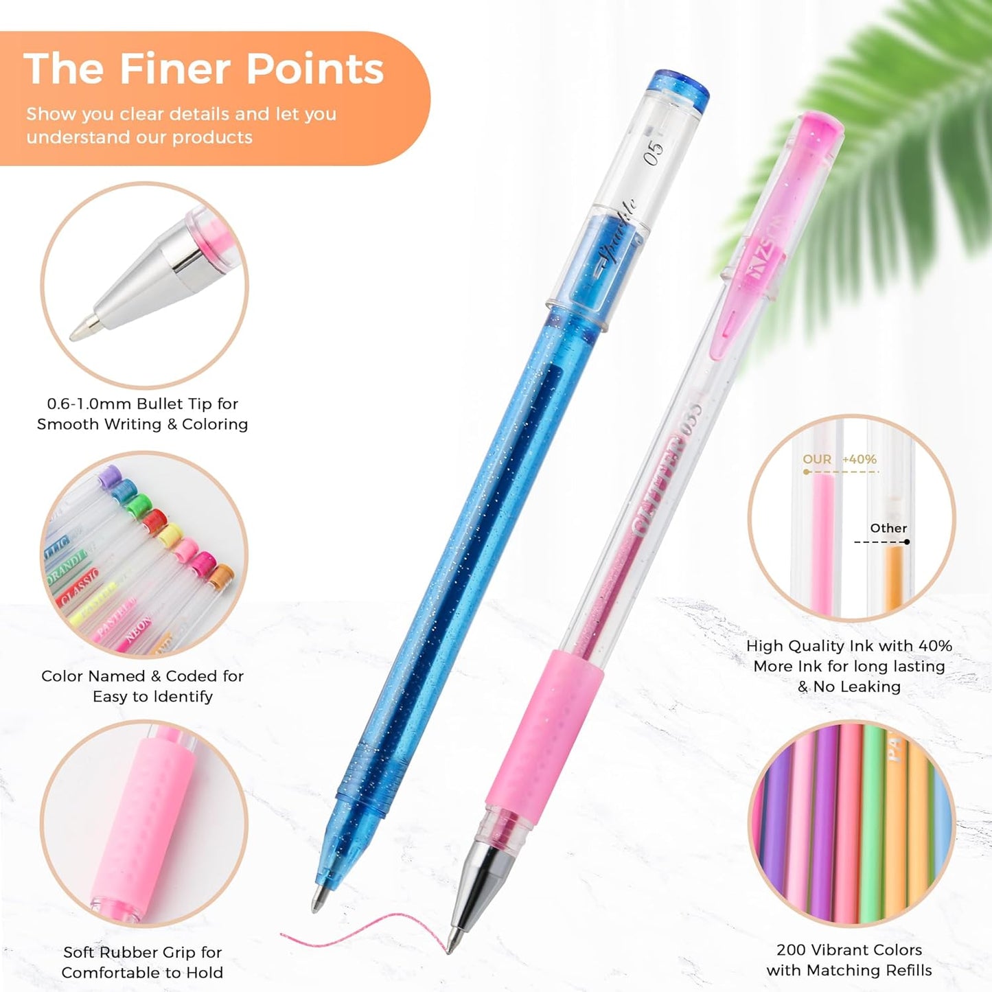 400 Pack Gel Pens for Adult Coloring Book, 200 Artist Colored Pens With 200 Refills, Fine Tip Metallic Glitter Gel Pens for Drawing Doodling Journaling Craft Art Supplies