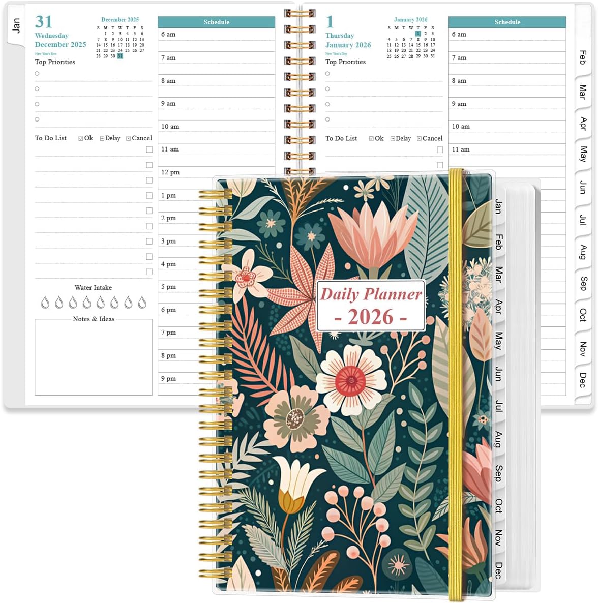 2026 Daily & Monthly Planner - One Page Per Day, Daily Planner 2026 from January 2026 to December 2026, Planner 2026 with 12 Monthly Tabs, 6.4" x 8.5", Flower-B