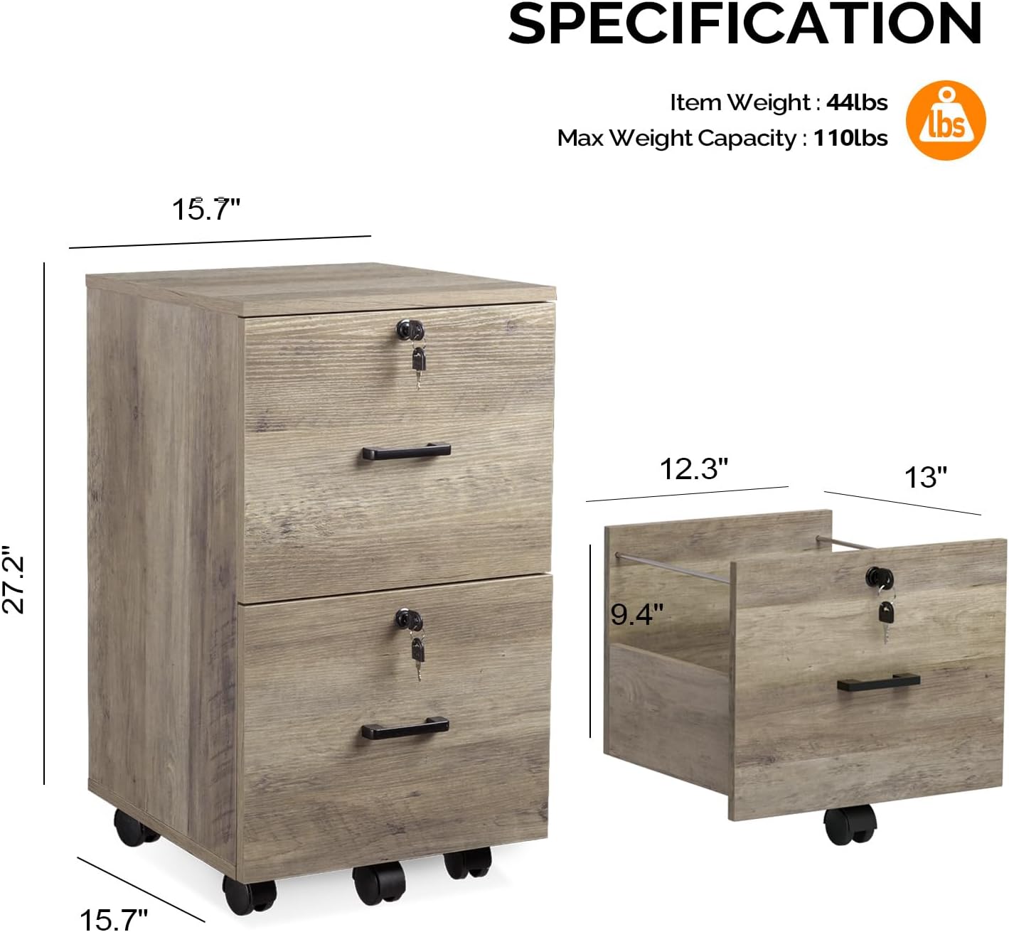 VINGLI 2 Drawer File Cabinet with Lock, Wood Rustic Gray Filing Cabinet for Letter Size File Folders with Tabs, Under Desk Rolling File Cabinets for Home Office, Mobile File Organization Printer Stand