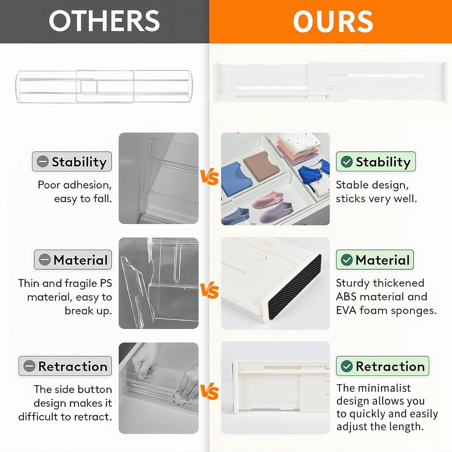 5 Pack Drawer Dividers 3.1" Slim Height Drawer Separators, Non-Slip Plastic Drawer Organizers Expandable 10.6"-17.7" for Shallow Drawers,Kitchen & Clothes Storage, Adjustable Office Drawer Divider