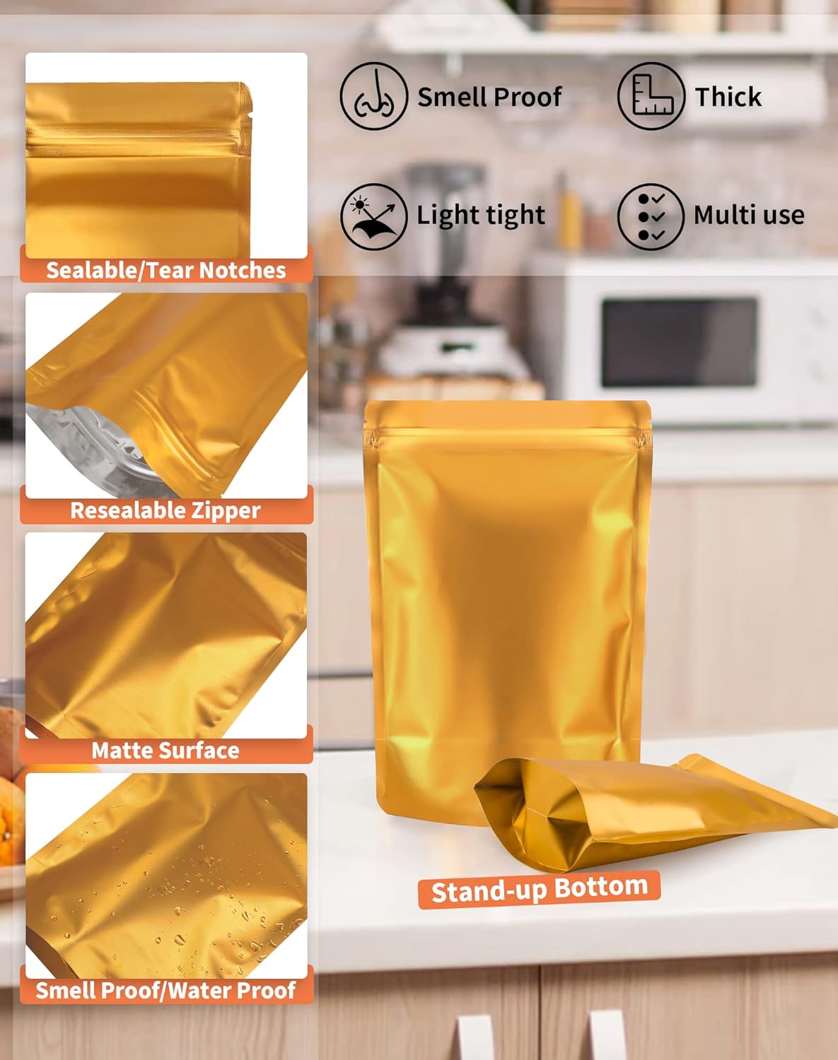 100 Pack Resealable Stand Up Bags,6.3" x 9.4" Smell Proof Pouch Sealable Foil Pouch Bags for Packaging (Gold)