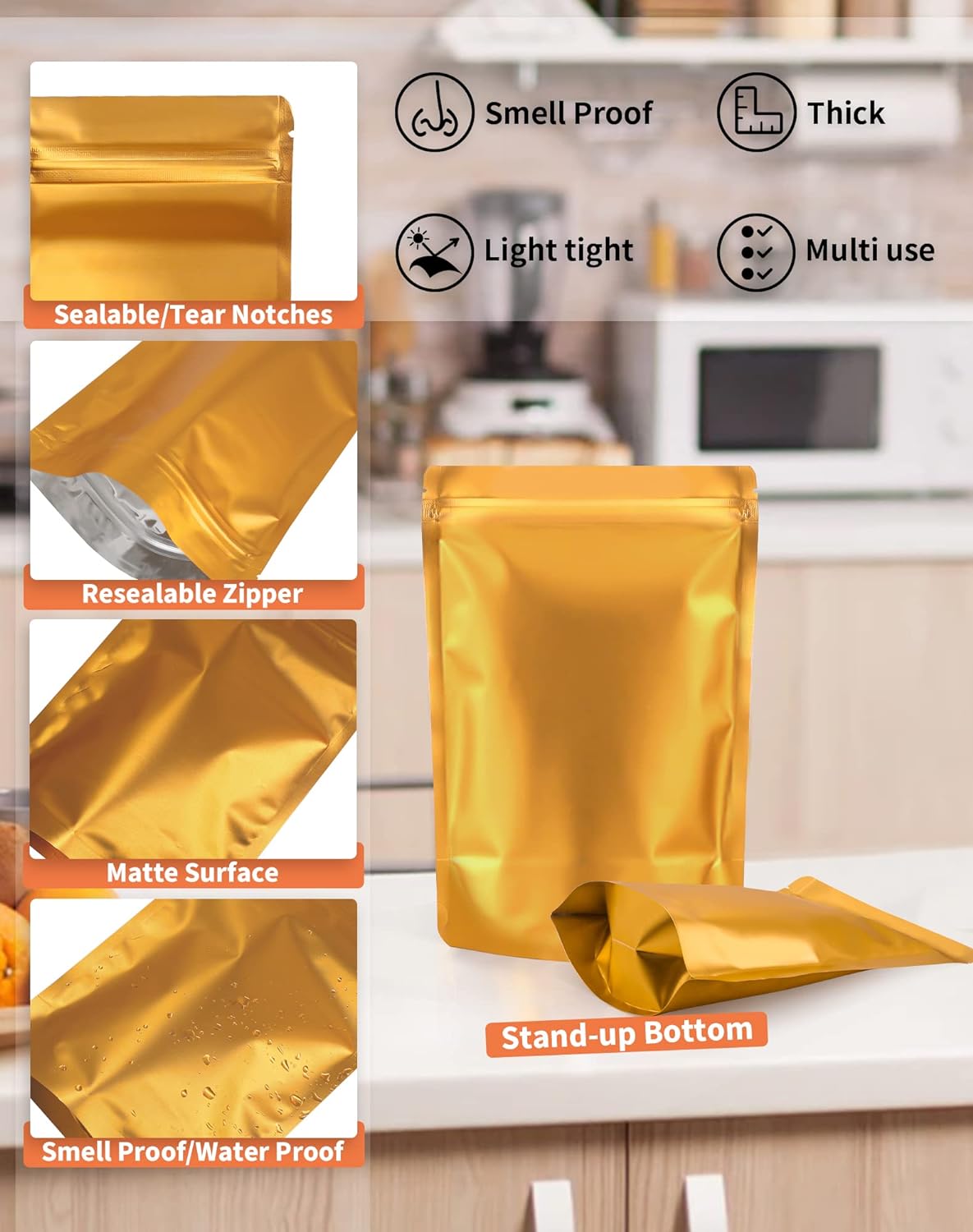 100 Pack Resealable Stand Up Bags,5.5" x 8.6" Smell Proof Pouch Sealable Foil Pouch Bags for Packaging (Gold)