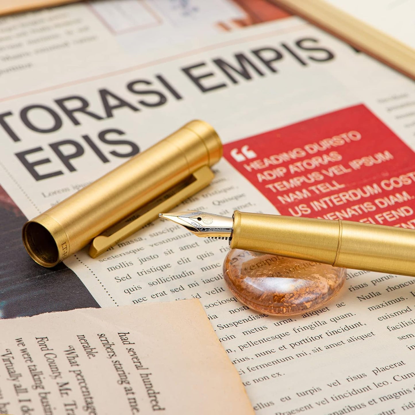 Hongdian Raw Brass Fountain Pen Extra Fine Nib Classic Design Smooth Writing Copper Pen with Converter and Pen Case Set