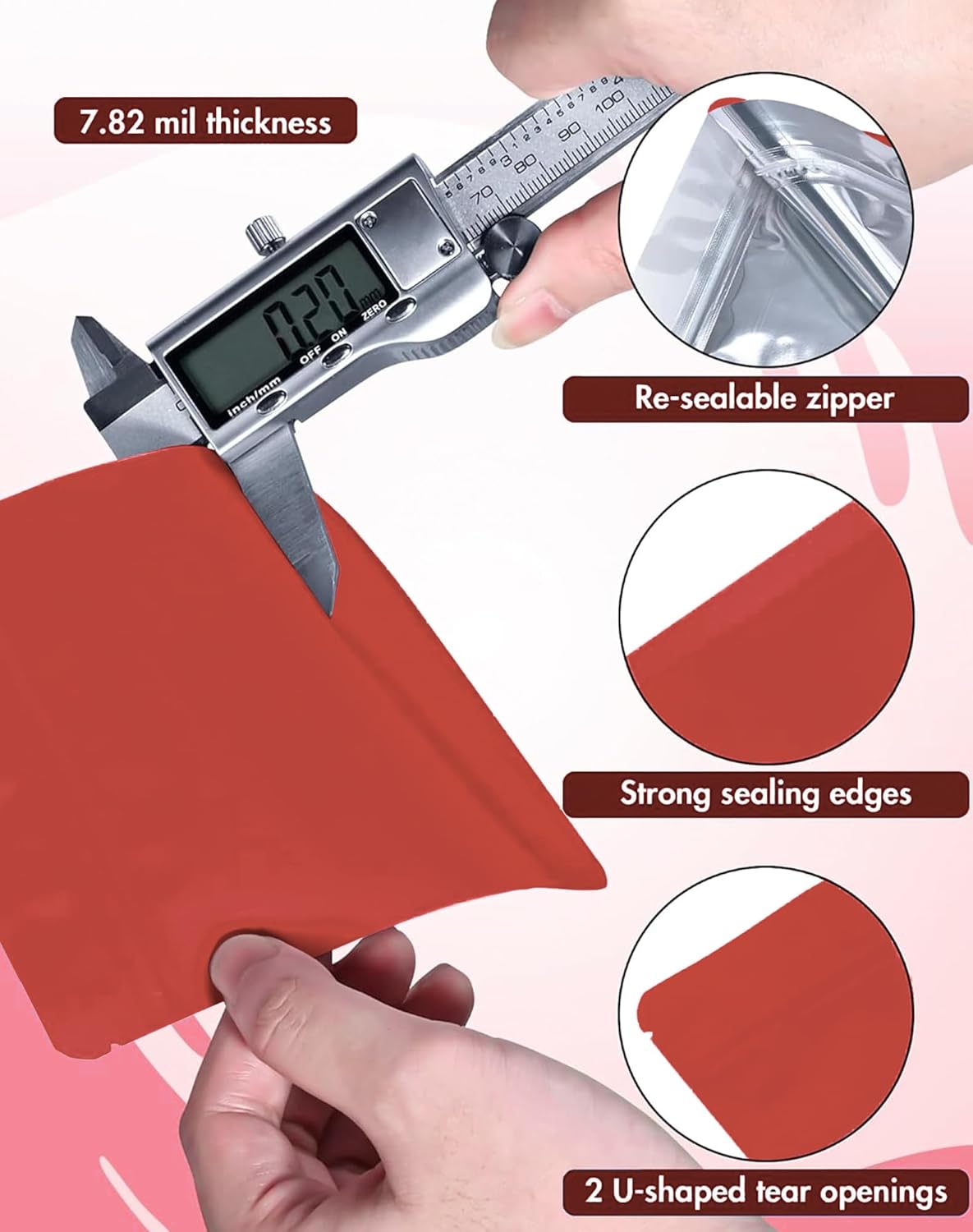 100 Pack Resealable Packaging Bags for Small Business Double-Sided Color Smell Proof Bag for Food Storage Flat Bags (Red, 4.7" x 7.1")