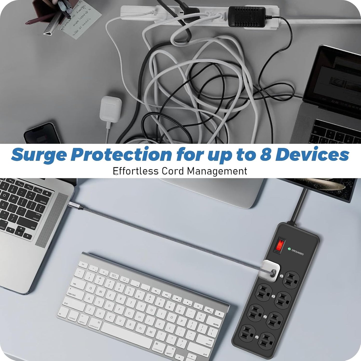 HEZI 8 Outlet Heavy Duty Power Strip, 15Amp Metal Mountable Surge Protector (2700J), Industrial Wall Mount Power Strip for Home, Office, Garage & Workshop, 15FT 14AWG Extension Cord