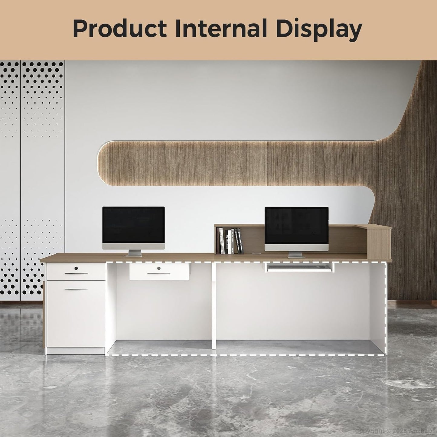 Modern Reception Desk – L Shaped Front Desk Checkout Counter with Drawers, Storage Cabinet and Double-layer tabletop for Office, Salon, Lobby, Cashier (White+Natural/Right, 79"L * 24"W * 39"H)