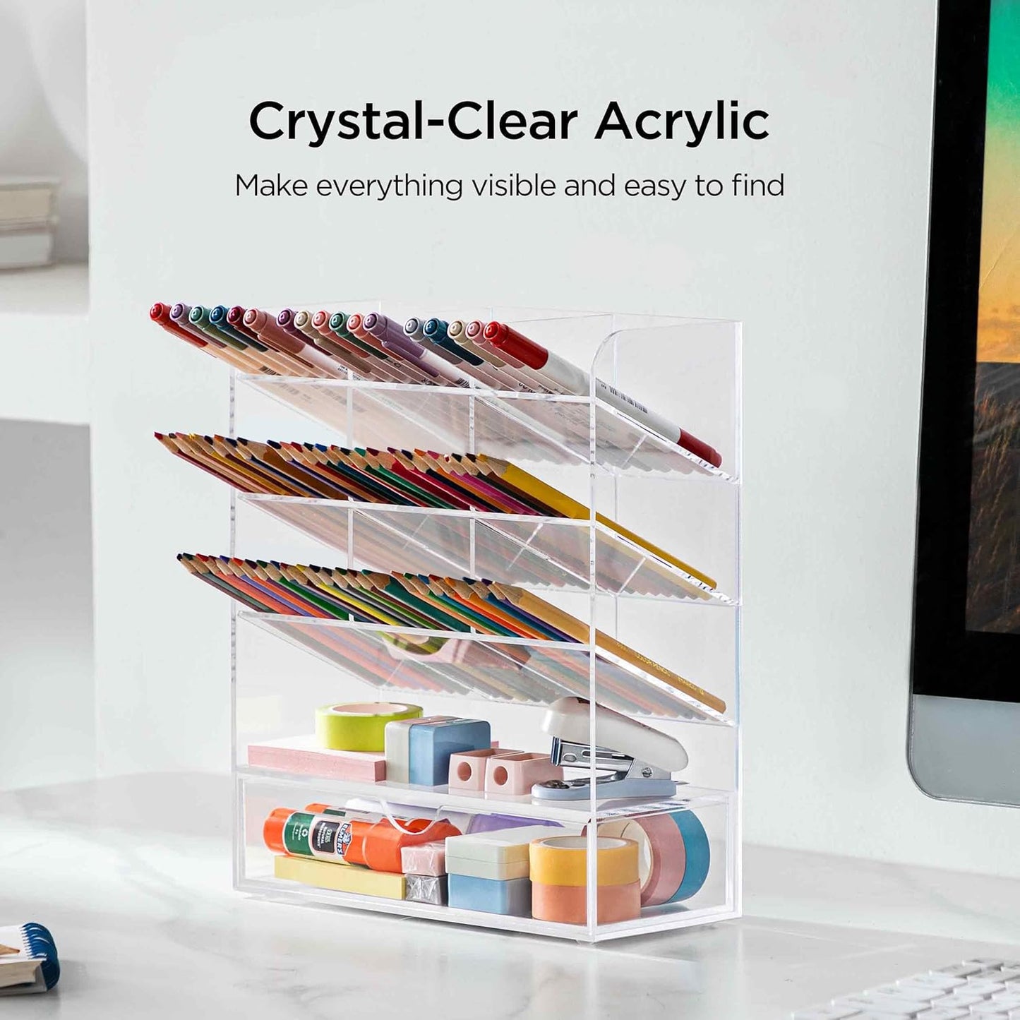 HBlife Acrylic Pen Desk Organizer with Drawer, Clear Vertical Marker Organizer with 11 Compartments, Angled Large Stationary Pencil Display Holder, Art Supplies Organizer for Desk, School and Home