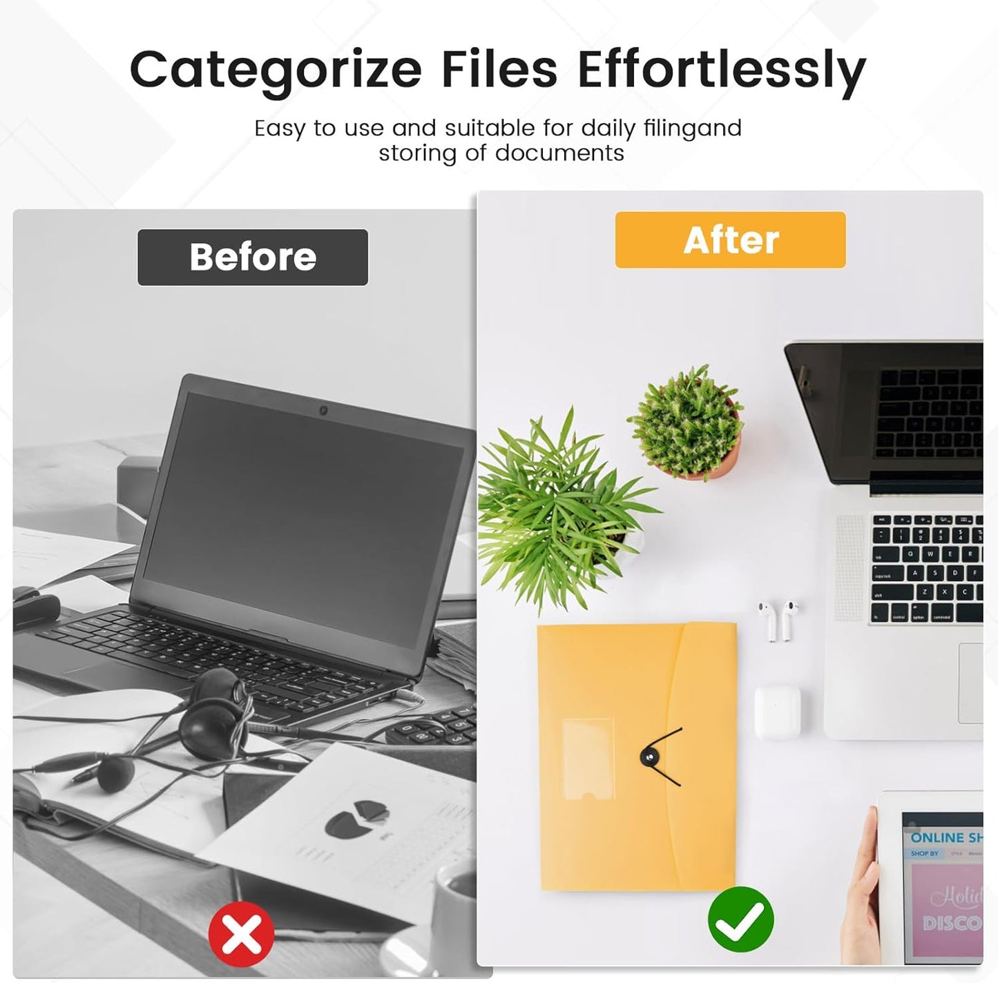 13 Pocket Expanding File Folder Accordian File Organizer, A4 Letter Size Paper Document Receipt Holder for School Office Supplies, Yellow