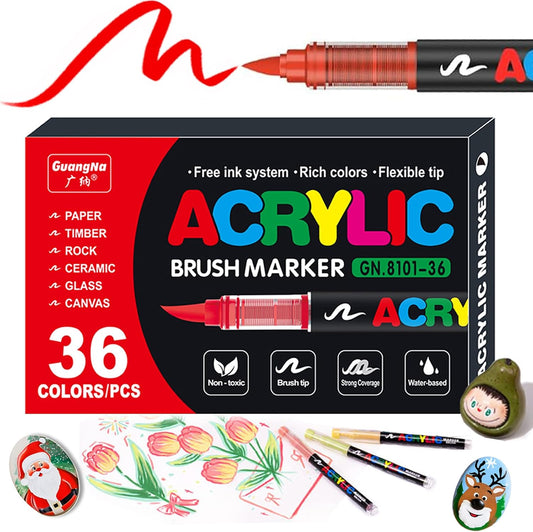 36 Color Acrylic Paint Pens, Soft Brush Tip Acrylic Paint Markers,Quick-Drying Waterproof Acrylic Markers for Canvas, Rock Painting, Wood, Stone, Glass, Ceramic, Fabric Painting, DIY Crafts