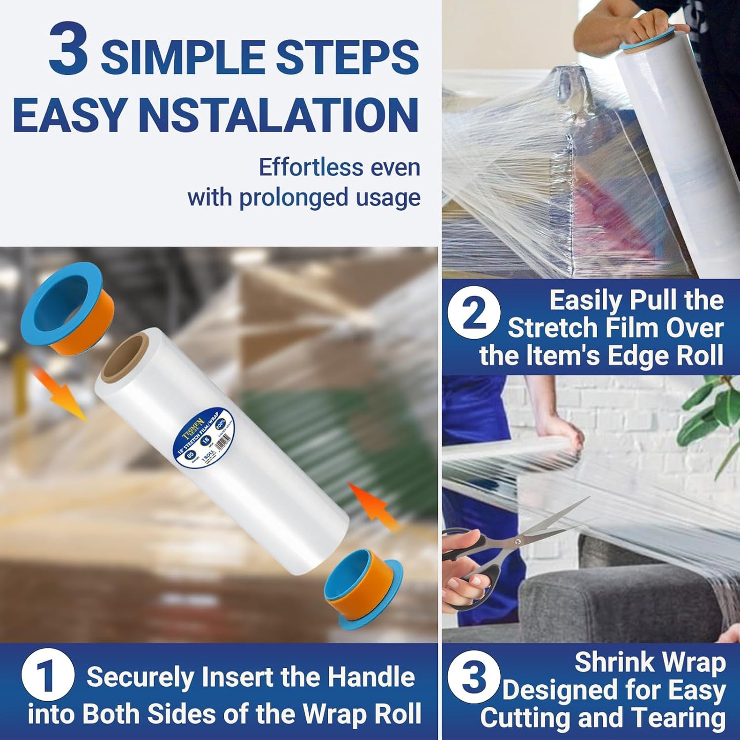 4-Pack 18" Stretch Wrap Rolls - 80 Gauge Industrial Strength Clear Film, 1200ft Length with Plastic Handle Option - Heavy Duty Self-Adhering for Moving, Shipping, Pallet Packing