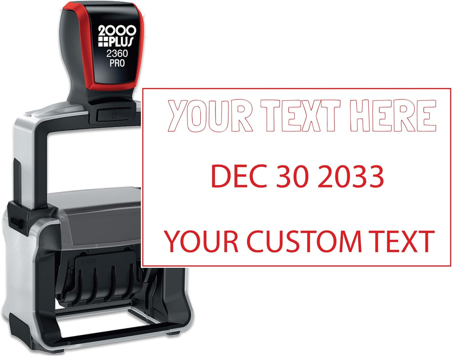 Heavy Duty Date Stamp with 2-Line Custom Text, 2000 Plus 2360 Self Inking Stamp - Choice of Ink Color (Black)