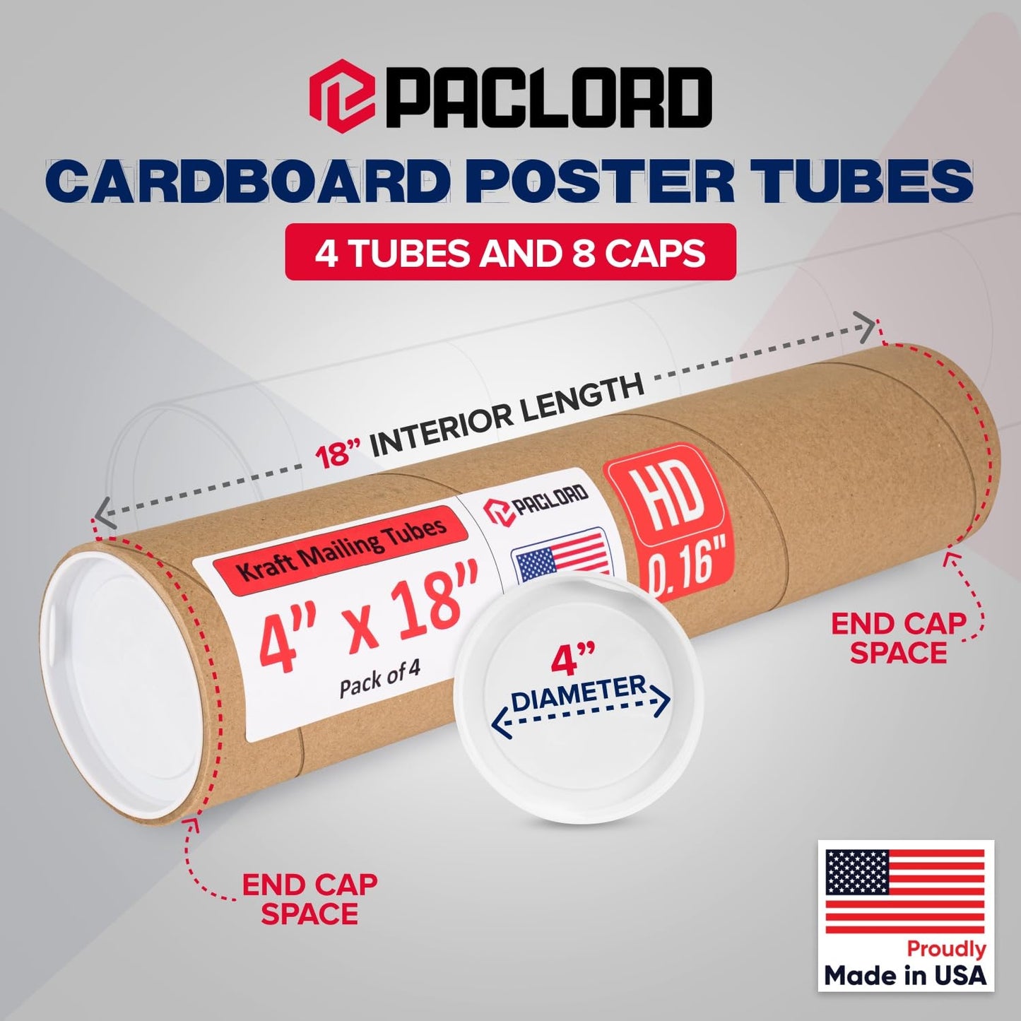 4" x 18" Heavy-Duty Reinforced Cardboard Mailing Tube, Pack of 4 Tubes with 8 Caps – Secure USPS Approved – Great for Shipping and Storing of Prints, Artwork, Posters or Documents