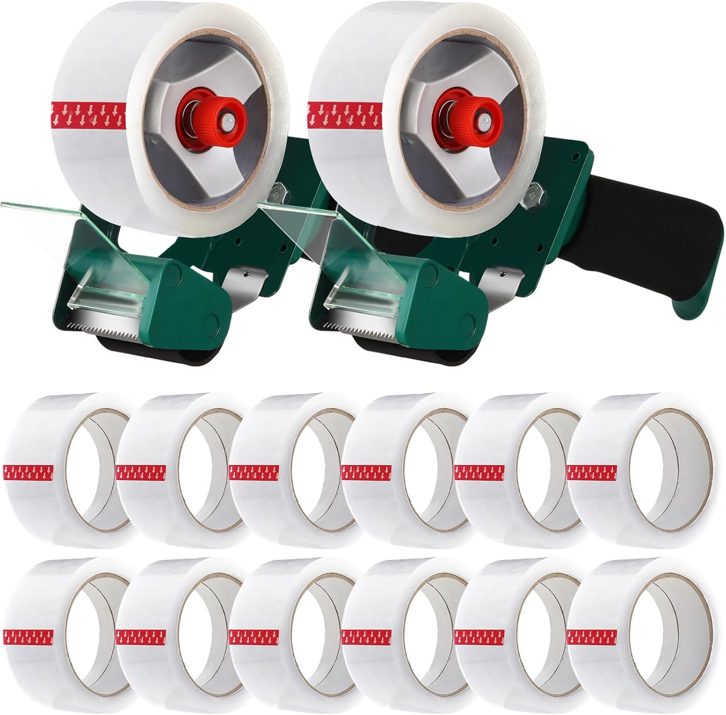 2 Pack Packing Tape Dispenser Gun with 12 Roll Packing Tape 2 Inch Gun 2.7 Mil Heavy Duty Packaging for Shipping, Moving, Carton and Box Sealing (Green)