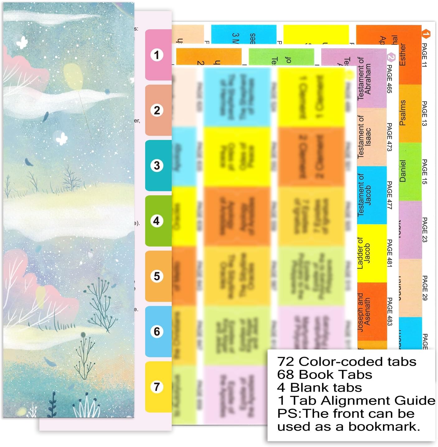 Index Tabs for The Complete 100-Book Apocrypha,2024 Edition 72 Color Coded Laminated Durable Tabs, 68 Books Chapter Tabs, 4 Blank Tabs,1 Placement Guide Card (Book Not Included)