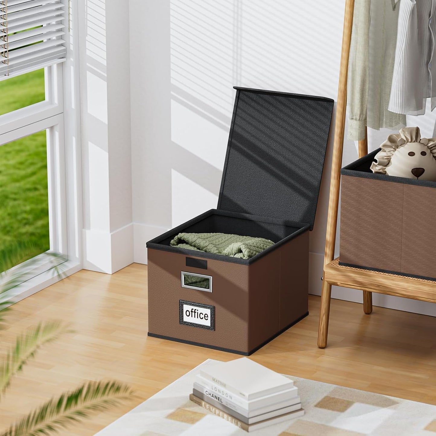 Huolewa Faux Leather File Organizer Box with Lid, Collapsible Hanging File Folder Box Organizer with Plastic Slides, Decorative Home/Office Filing Boxes for File and Folder Storage - Dark Brown