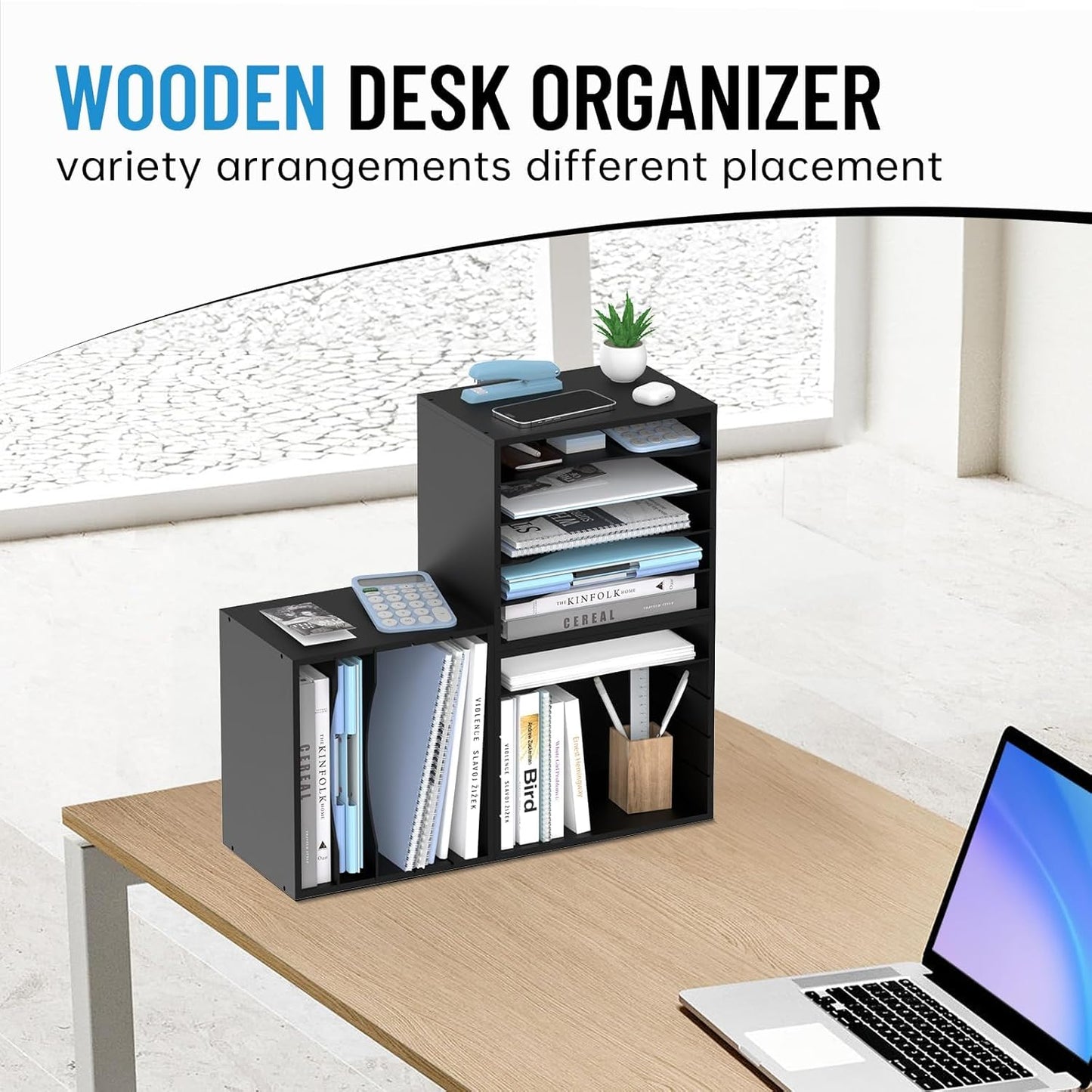 5-Tier Wood Desk Organizer, Paper Tray Organizer for Desk with Adjustable Storage Shelves, Desktop Paper Sorter Mail Holder for Office Home Classroom, Black