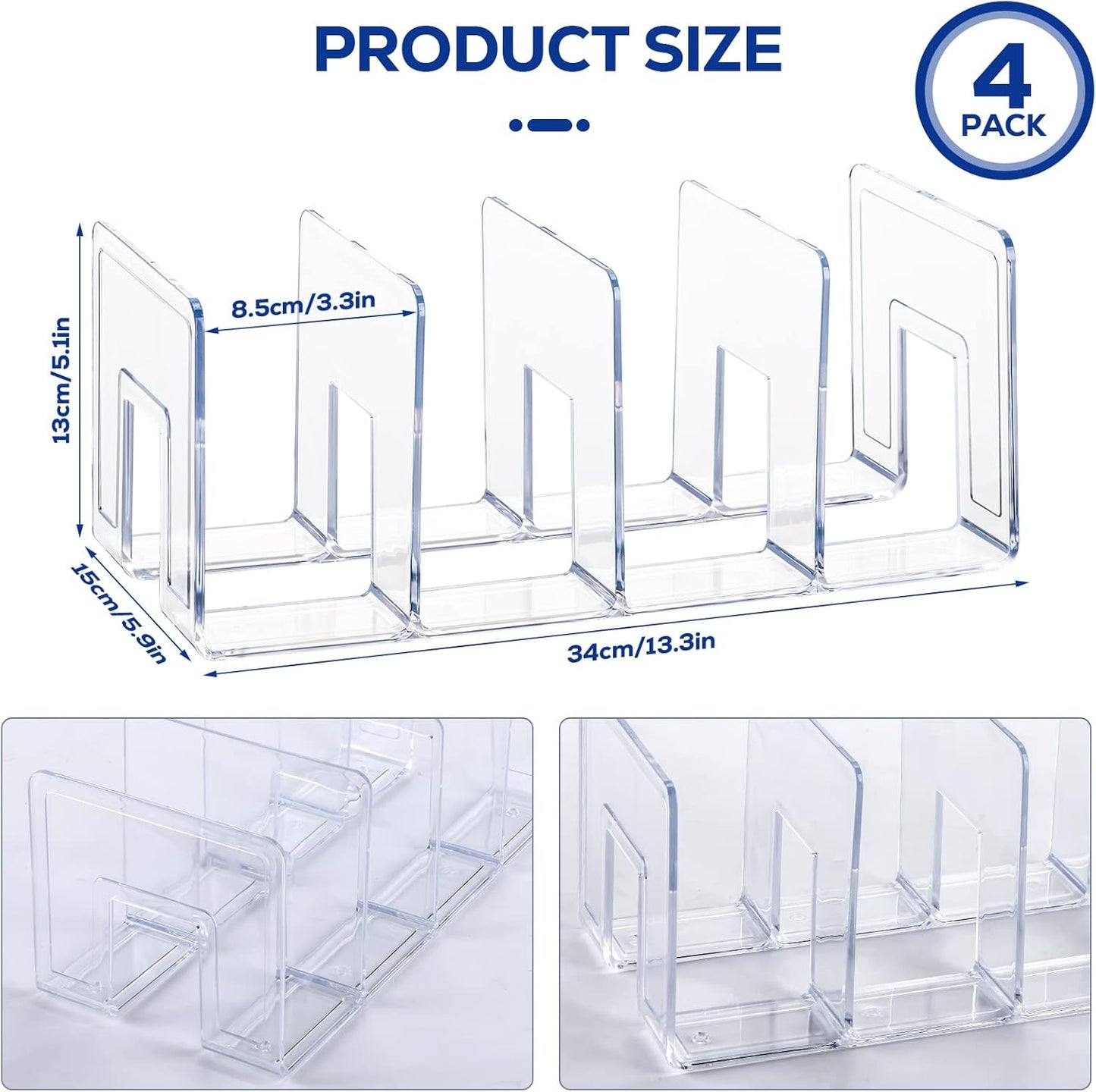 4Pack 4-Section Clear Acrylic Desk File Sorter, Desktop File organizer Purse Handbag divided organizer for Book, Envelopes, Mail, Document, Notebook, Office Supplies (13x5.9x5inch)