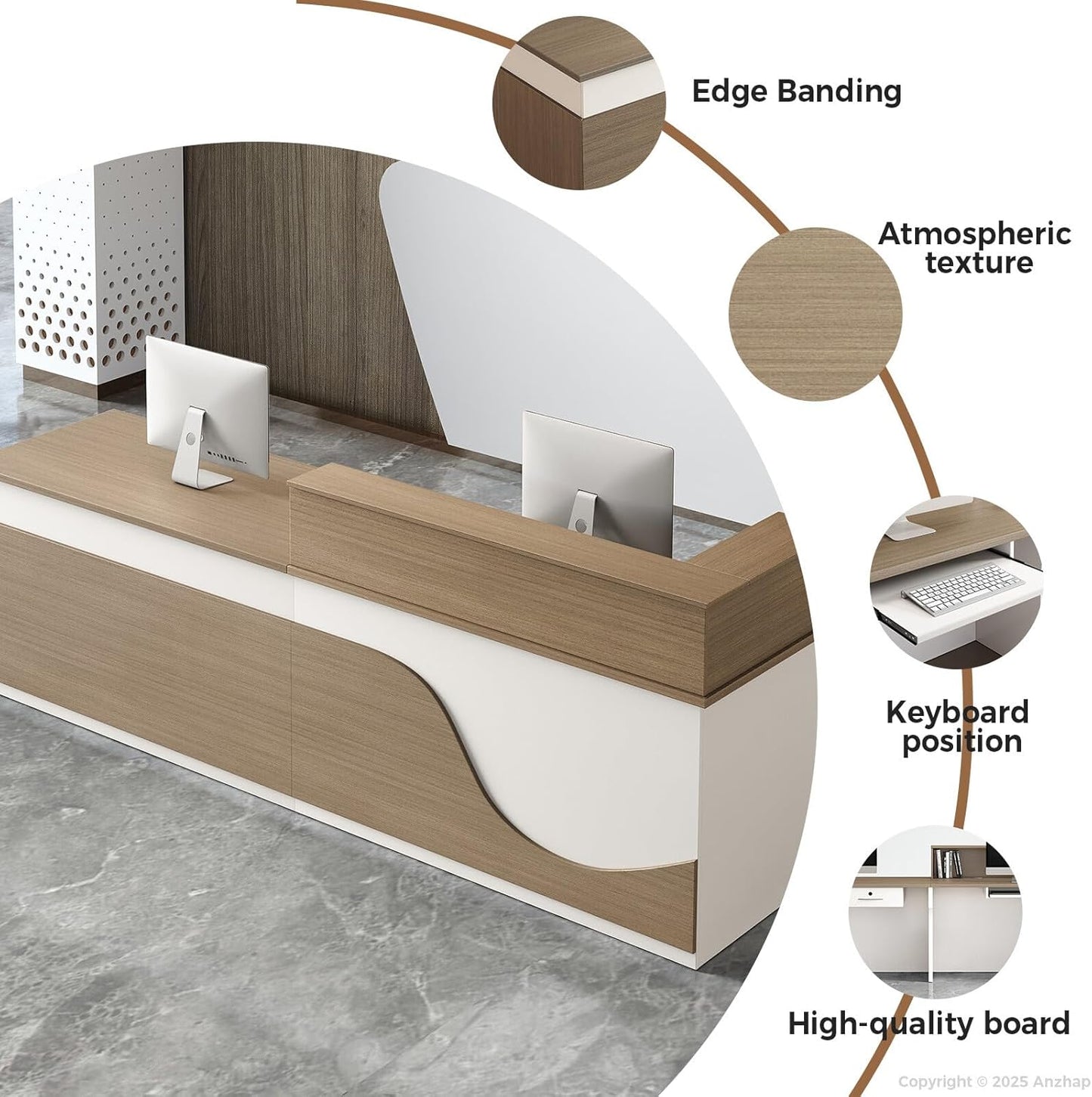 Modern Reception Desk – L Shaped Front Desk Checkout Counter with Drawers, Storage Cabinet and Double-layer tabletop for Office, Salon, Lobby, Cashier (White+Natural/Left, 71"L * 24"W * 39"H)