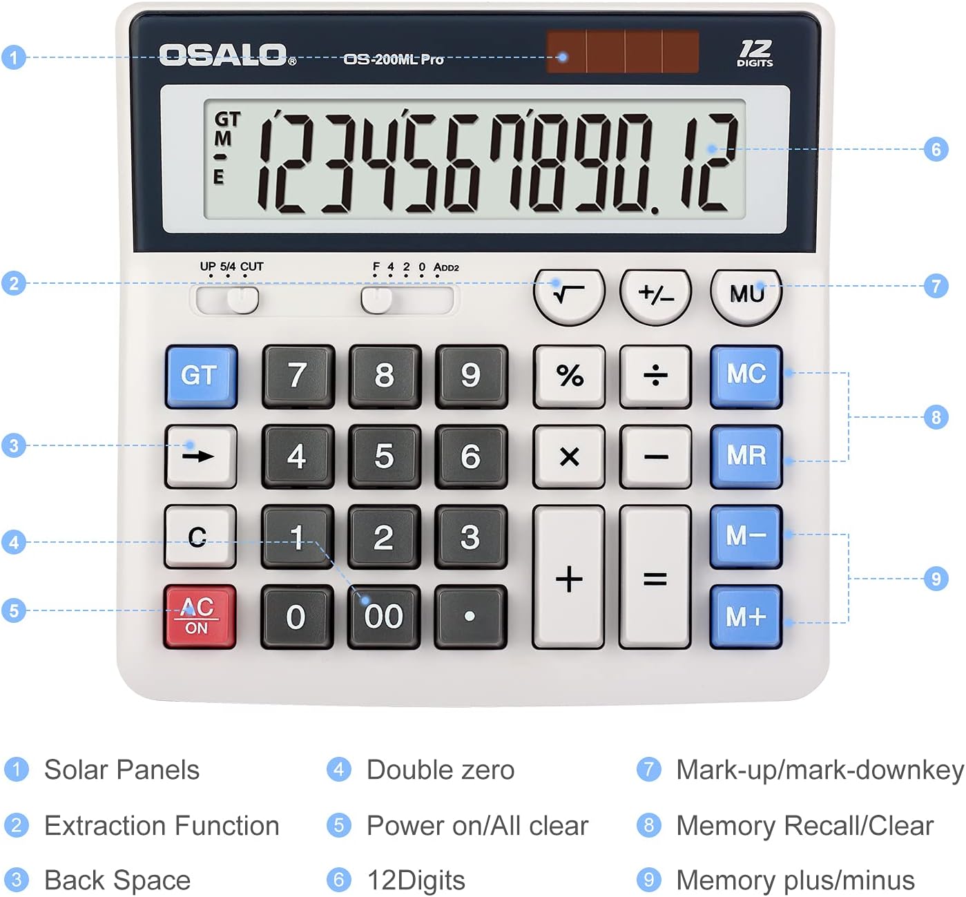 OSALO Desktop Calculator Extra Large Display 12 Digits Big Buttons Solar Accounting Calculator for Office (OS-200ML)