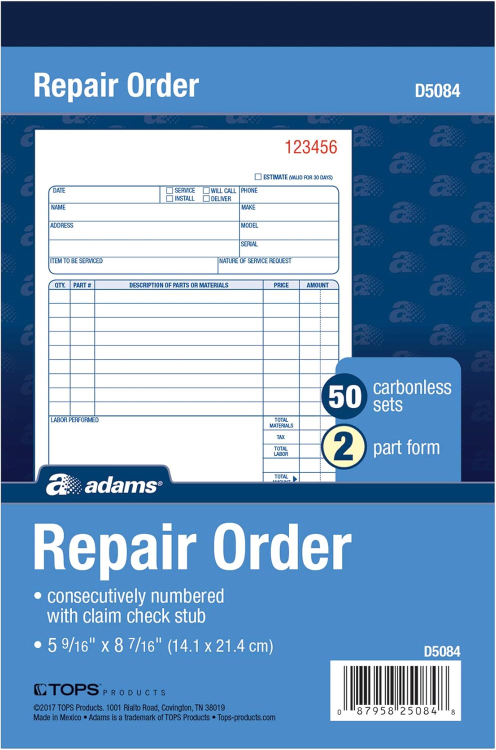 Adams Repair Order Book, Carbonless, 2-Part, White/White, 5-9/16 x 8-7/16 Inches, 50 Sets (D5084)