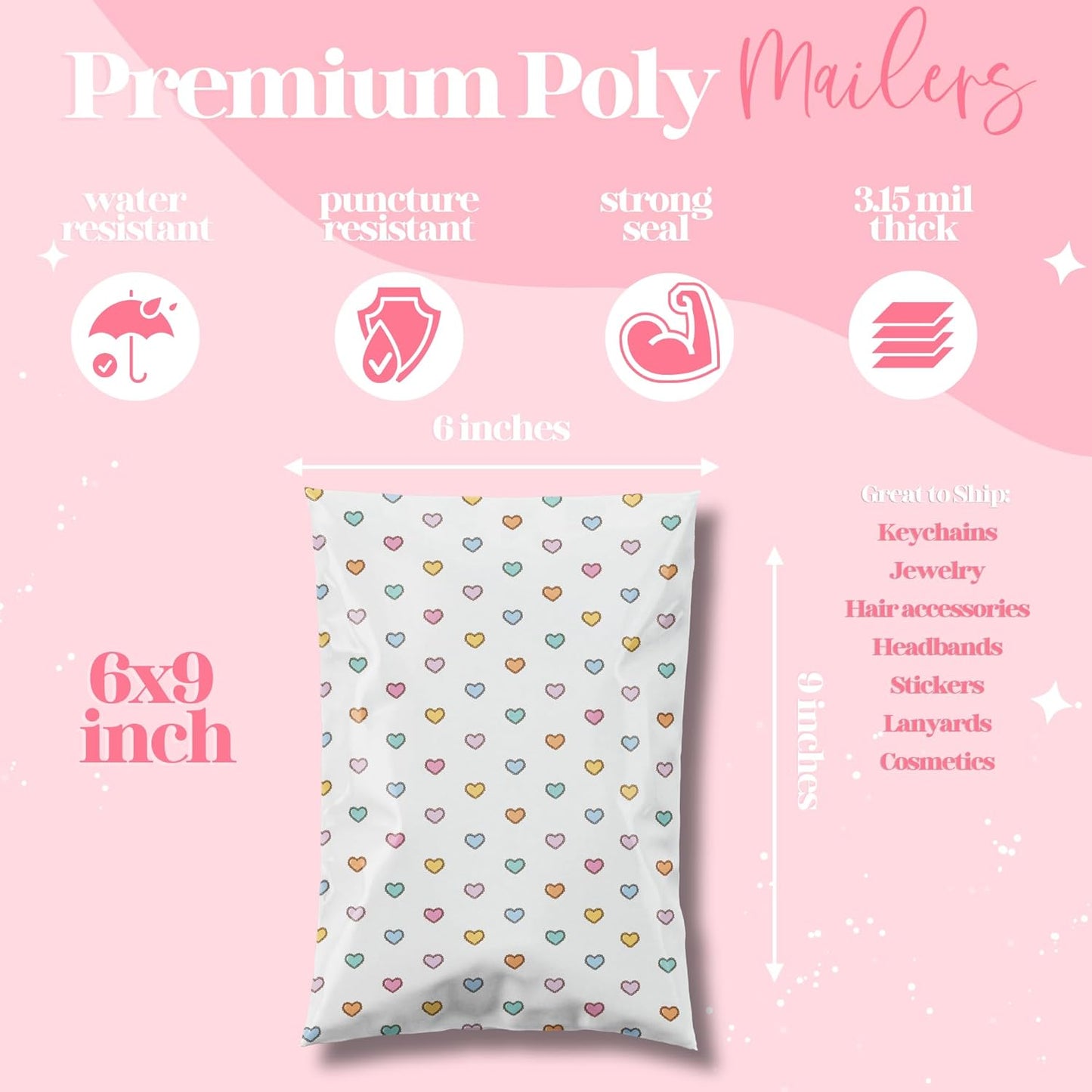 6x9 Designer Poly Mailer 100 Pack Heavy Duty Waterproof Self Seal Shipping Bags for Small Business Large Mailing Envelopes Bulk Tear Resistant Packaging Preppy Hearts