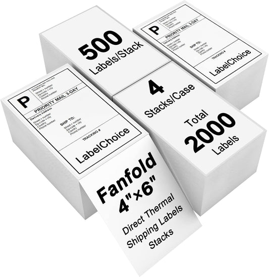 4 Stacks 2000 Labels 4" x 6" Fanfold Direct Thermal Labels with Perforated line, Permanent Adhesive, White Mailing Shipping Labels Compatible with Zebra, Rollo, Munbyn (500 Labels/Stack)